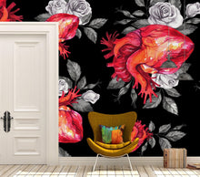 Carregar imagem no visualizador da galeria, Valentines Hearts and Roses Watercolor Pattern Wall Mural. Black background. #6136