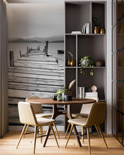Carregar imagem no visualizador da galeria, Misty Lake View Boat on Pier Black and White Mural Wall Decal Sticker #6143
