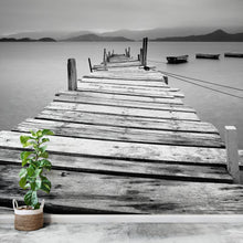 Carregar imagem no visualizador da galeria, Misty Lake View Boat on Pier Black and White Mural Wall Decal Sticker #6143