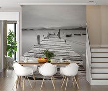 Carregar imagem no visualizador da galeria, Misty Lake View Boat on Pier Black and White Mural Wall Decal Sticker #6143
