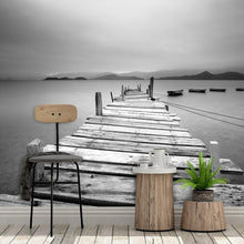 Carregar imagem no visualizador da galeria, Misty Lake View Boat on Pier Black and White Mural Wall Decal Sticker #6143