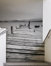Carregar imagem no visualizador da galeria, Misty Lake View Boat on Pier Black and White Mural Wall Decal Sticker #6143