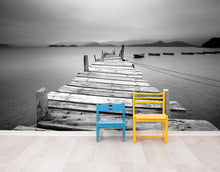 Carregar imagem no visualizador da galeria, Misty Lake View Boat on Pier Black and White Mural Wall Decal Sticker #6143