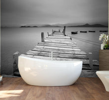 Carregar imagem no visualizador da galeria, Misty Lake View Boat on Pier Black and White Mural Wall Decal Sticker #6143