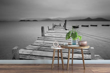 Carregar imagem no visualizador da galeria, Misty Lake View Boat on Pier Black and White Mural Wall Decal Sticker #6143