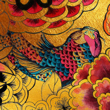 Carregar imagem no visualizador da galeria, Japanese Art Koi Fish Peel and Stick Wallpaper. Gold Flowers Background. Removable Wall Mural #6192