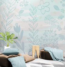 Carregar imagem no visualizador da galeria, Pastel Botanical Nature Wallpaper Mural. Leafs and Flowers Design. #6195