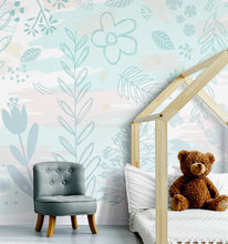 Carregar imagem no visualizador da galeria, Pastel Botanical Nature Wallpaper Mural. Leafs and Flowers Design. #6195