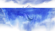 Carregar imagem no visualizador da galeria, Whale in Ocean Wall Mural. Watercolor artwork of whale, island and sailboat. Peel and Stick Wallpaper. #6197