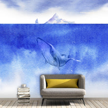 Carregar imagem no visualizador da galeria, Whale in Ocean Wall Mural. Watercolor artwork of whale, island and sailboat. Peel and Stick Wallpaper. #6197