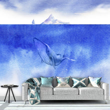 Carregar imagem no visualizador da galeria, Whale in Ocean Wall Mural. Watercolor artwork of whale, island and sailboat. Peel and Stick Wallpaper. #6197