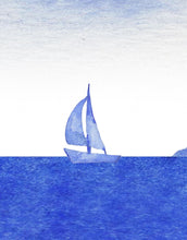 Carregar imagem no visualizador da galeria, Whale in Ocean Wall Mural. Watercolor artwork of whale, island and sailboat. Peel and Stick Wallpaper. #6197