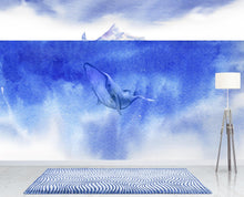 Carregar imagem no visualizador da galeria, Whale in Ocean Wall Mural. Watercolor artwork of whale, island and sailboat. Peel and Stick Wallpaper. #6197