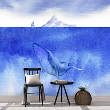 Carregar imagem no visualizador da galeria, Whale in Ocean Wall Mural. Watercolor artwork of whale, island and sailboat. Peel and Stick Wallpaper. #6197