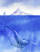 Carregar imagem no visualizador da galeria, Whale in Ocean Wall Mural. Watercolor artwork of whale, island and sailboat. Peel and Stick Wallpaper. #6197