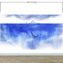Carregar imagem no visualizador da galeria, Whale in Ocean Wall Mural. Watercolor artwork of whale, island and sailboat. Peel and Stick Wallpaper. #6197