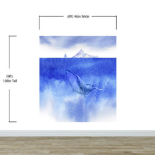 Carregar imagem no visualizador da galeria, Whale in Ocean Wall Mural. Watercolor artwork of whale, island and sailboat. Peel and Stick Wallpaper. #6197