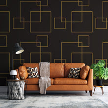 Carregar imagem no visualizador da galeria, Dark Brown and Gold Square Geometric Pattern Peel and Stick Wallpaper | Removable Wall Mural #6215