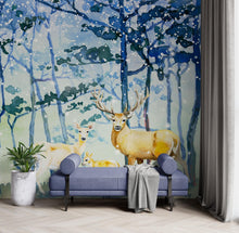 Carregar imagem no visualizador da galeria, Deer Family in Snow Forest Peel and Stick Wallpaper | Removable Wall Mural. #6218