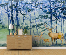Carregar imagem no visualizador da galeria, Deer Family in Snow Forest Peel and Stick Wallpaper | Removable Wall Mural. #6218