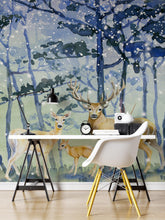 Carregar imagem no visualizador da galeria, Deer Family in Snow Forest Peel and Stick Wallpaper | Removable Wall Mural. #6218