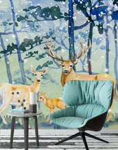 Carregar imagem no visualizador da galeria, Deer Family in Snow Forest Peel and Stick Wallpaper | Removable Wall Mural. #6218