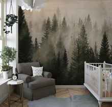 Carregar imagem no visualizador da galeria, Misty Pine Tree Forest Landscape Wallpaper. Peel and Stick Wall Mural. Self Adhesive Nursery Wall Decor. #6237