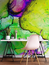 Cargar imagen en el visor de la galería, Alcohol Ink Abstract Pattern Peel and Stick Wallpaper Mural. (Lime, Green, Yellow, Purple Stained) #6257