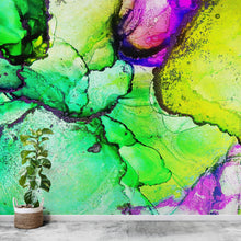 Cargar imagen en el visor de la galería, Alcohol Ink Abstract Pattern Peel and Stick Wallpaper Mural. (Lime, Green, Yellow, Purple Stained) #6257