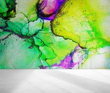 Cargar imagen en el visor de la galería, Alcohol Ink Abstract Pattern Peel and Stick Wallpaper Mural. (Lime, Green, Yellow, Purple Stained) #6257