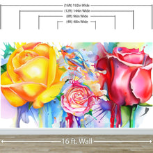 Carregar imagem no visualizador da galeria, Colorful Bird and Roses Flower Watercolor Artwork Wall Mural. Removable Peel and Stick Wall Mural. #6275