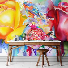 Carregar imagem no visualizador da galeria, Colorful Bird and Roses Flower Watercolor Artwork Wall Mural. Removable Peel and Stick Wall Mural. #6275