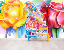 Carregar imagem no visualizador da galeria, Colorful Bird and Roses Flower Watercolor Artwork Wall Mural. Removable Peel and Stick Wall Mural. #6275