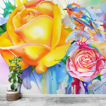 Carregar imagem no visualizador da galeria, Colorful Bird and Roses Flower Watercolor Artwork Wall Mural. Removable Peel and Stick Wall Mural. #6275