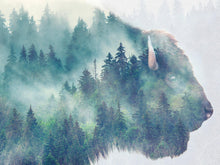 Carregar imagem no visualizador da galeria, Foggy Mountain Forest View with Bison Buffalo Overlay Natural Scenery Wall Mural #6282.