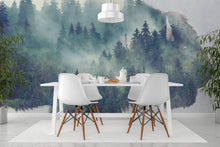 Carregar imagem no visualizador da galeria, Foggy Mountain Forest View with Bison Buffalo Overlay Natural Scenery Wall Mural #6282.