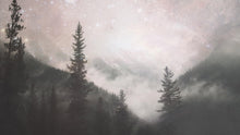 Carregar imagem no visualizador da galeria, Foggy Misty Forest Trees Over Mountain Under a Starry Night Wall Mural. #6304