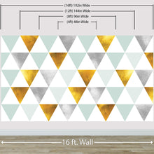 Carregar imagem no visualizador da galeria, Triangle Geometric Abstract Pattern Wall Mural. Gold, Silver, Teal, Turquoise and White Color Pattern. #6306