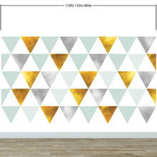 Carregar imagem no visualizador da galeria, Triangle Geometric Abstract Pattern Wall Mural. Gold, Silver, Teal, Turquoise and White Color Pattern. #6306