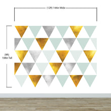 Carregar imagem no visualizador da galeria, Triangle Geometric Abstract Pattern Wall Mural. Gold, Silver, Teal, Turquoise and White Color Pattern. #6306