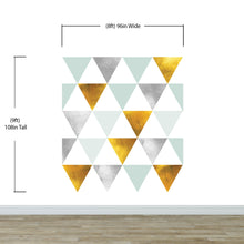 Carregar imagem no visualizador da galeria, Triangle Geometric Abstract Pattern Wall Mural. Gold, Silver, Teal, Turquoise and White Color Pattern. #6306