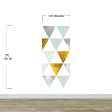 Carregar imagem no visualizador da galeria, Triangle Geometric Abstract Pattern Wall Mural. Gold, Silver, Teal, Turquoise and White Color Pattern. #6306