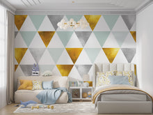 Carregar imagem no visualizador da galeria, Triangle Geometric Abstract Pattern Wall Mural. Gold, Silver, Teal, Turquoise and White Color Pattern. #6306