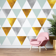 Carregar imagem no visualizador da galeria, Triangle Geometric Abstract Pattern Wall Mural. Gold, Silver, Teal, Turquoise and White Color Pattern. #6306