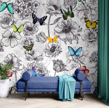 Carregar imagem no visualizador da galeria, Butterflies in Flower Garden Wall Mural. Retro Black and White Illustration Floral Design. #6320