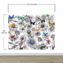 Carregar imagem no visualizador da galeria, Butterflies in Flower Garden Wall Mural. Retro Black and White Illustration Floral Design. #6320