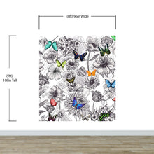 Carregar imagem no visualizador da galeria, Butterflies in Flower Garden Wall Mural. Retro Black and White Illustration Floral Design. #6320