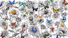 Carregar imagem no visualizador da galeria, Butterflies in Flower Garden Wall Mural. Retro Black and White Illustration Floral Design. #6320
