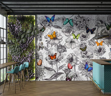Carregar imagem no visualizador da galeria, Butterflies in Flower Garden Wall Mural. Retro Black and White Illustration Floral Design. #6320