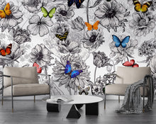 Carregar imagem no visualizador da galeria, Butterflies in Flower Garden Wall Mural. Retro Black and White Illustration Floral Design. #6320